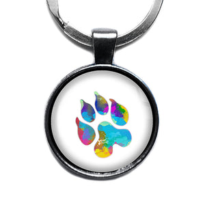 Leopard Paw Print Rainbow Watercolor Antique Silver Keychain