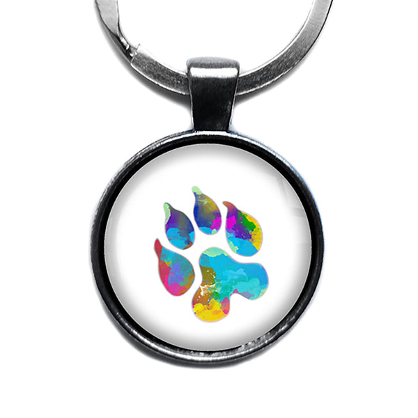 Leopard Paw Print Rainbow Watercolor Antique Silver Keychain