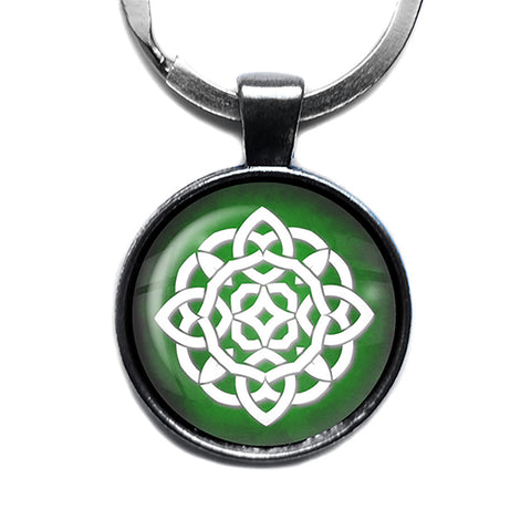 Celtic Symbol Circle White on Green Antique Silver Keychain