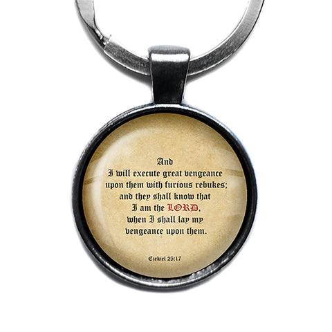 Ezekiel 25:17 Execute Great Vengeance Upon Them King James Version KJV Bible Antique Silver Keychain