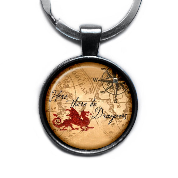 Ancient Map Here there be Dragons Antique Silver Keychain
