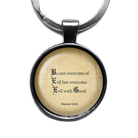 Romans 12:21 Be Not Overcome of Evil King James Version KJV Bible Antique Silver Keychain