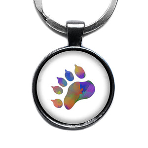 Bear Paw Print Rainbow Watercolor Antique Silver Keychain