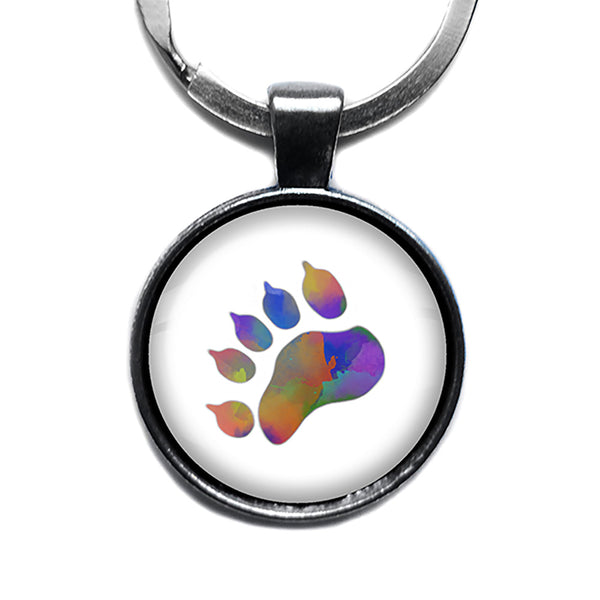 Bear Paw Print Rainbow Watercolor Antique Silver Keychain