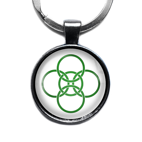 Celtic Five Fold Circle Green on White Antique Silver Keychain