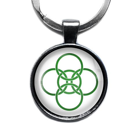 Celtic Five Fold Circle Green on White Antique Silver Keychain