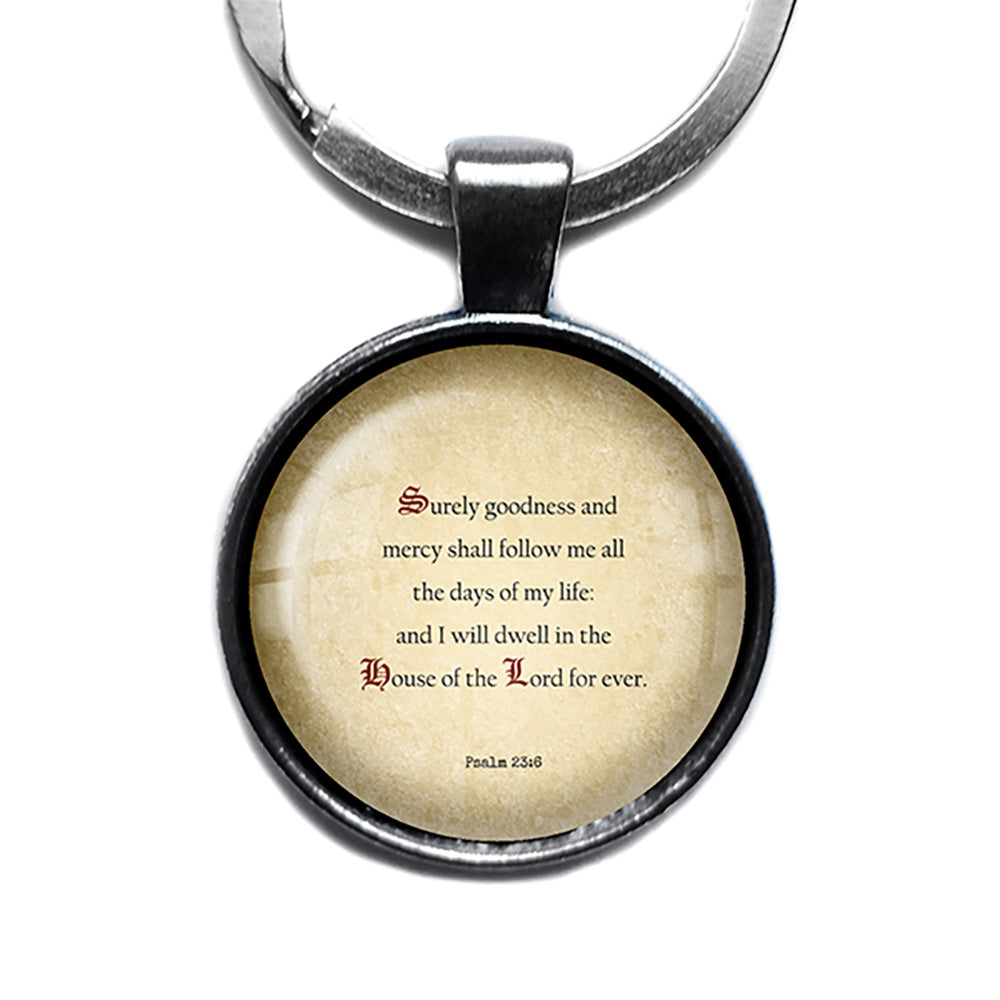 Psalm 23 6 Goodness and Mercy Shall Follow King James Version KJV Bible Antique Silver Keychain