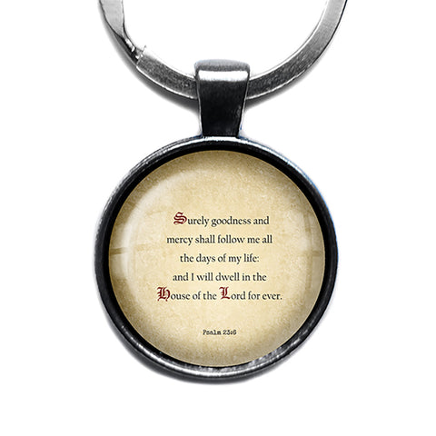 Psalm 23 6 Goodness and Mercy Shall Follow King James Version KJV Bible Antique Silver Keychain