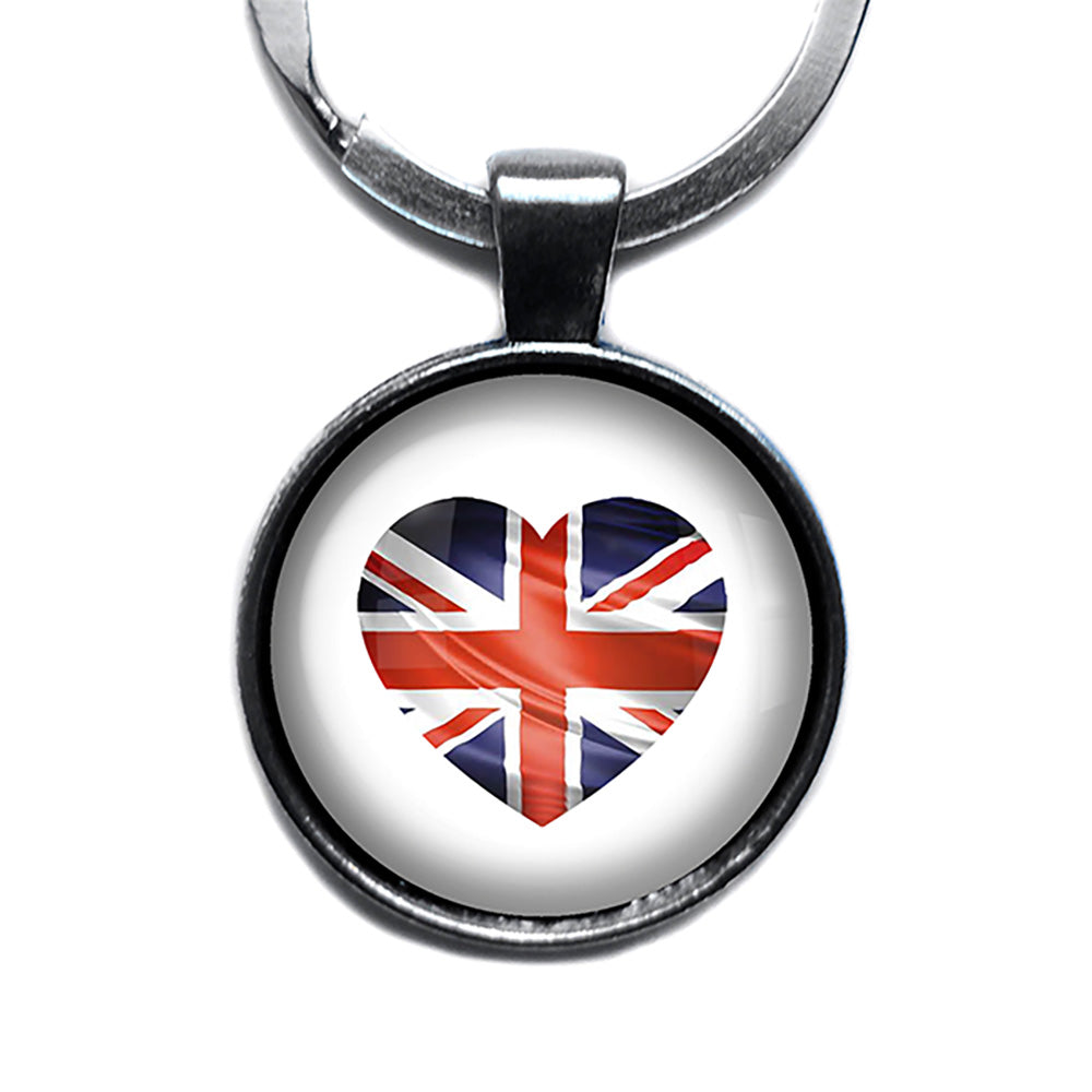 UK United Kingdom Flag Heart Antique Silver Keychain