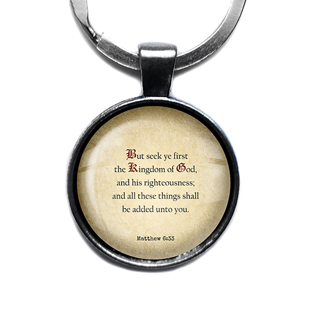 Matthew 6:33 Seek ye first the Kingdom of God King James Version KJV Bible Antique Silver Keychain