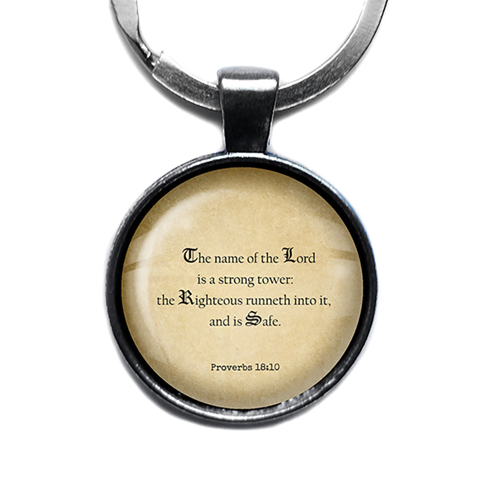 Proverbs 18:10 The Lord is a Strong Tower King James Version KJV Bible Antique Silver Keychain