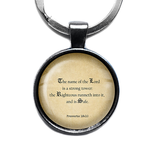 Proverbs 18:10 The Lord is a Strong Tower King James Version KJV Bible Antique Silver Keychain