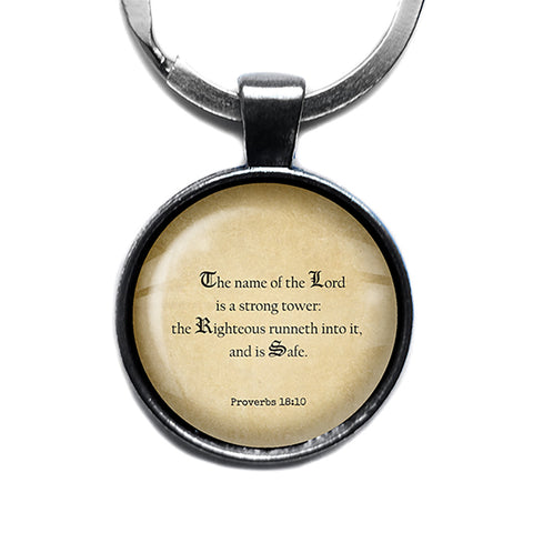 Proverbs 18:10 The Lord is a Strong Tower King James Version KJV Bible Antique Silver Keychain