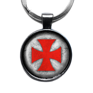Worn Knights Templar Cross Red on White Antique Silver Keychain