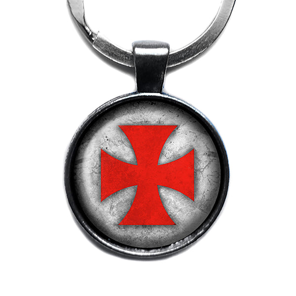 Worn Knights Templar Cross Red on White Antique Silver Keychain