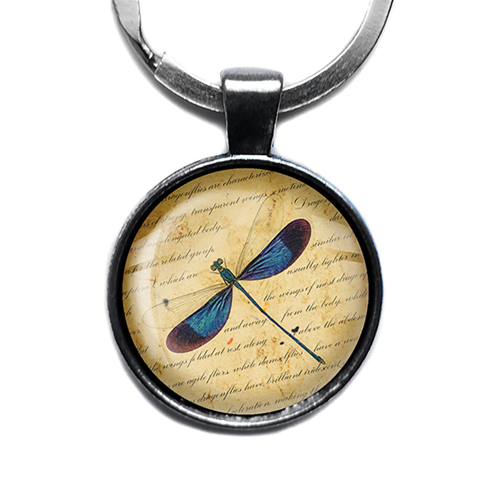 Blue Dragonfly on Parchment Antique Silver Keychain