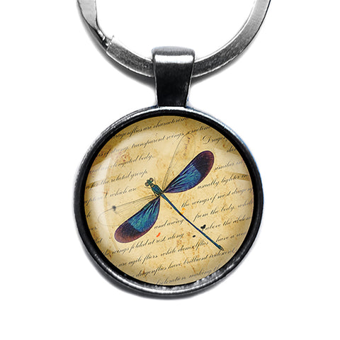 Blue Dragonfly on Parchment Antique Silver Keychain