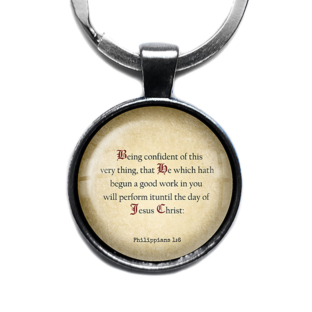Philippians 1:6 Being Confident Good Work in You King James Version KJV Bible Antique Silver Keychain