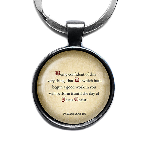 Philippians 1:6 Being Confident Good Work in You King James Version KJV Bible Antique Silver Keychain