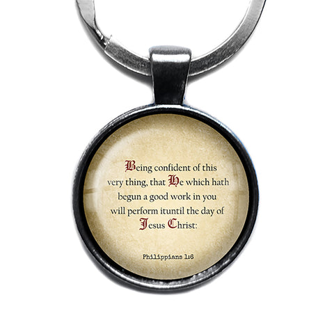 Philippians 1:6 Being Confident Good Work in You King James Version KJV Bible Antique Silver Keychain
