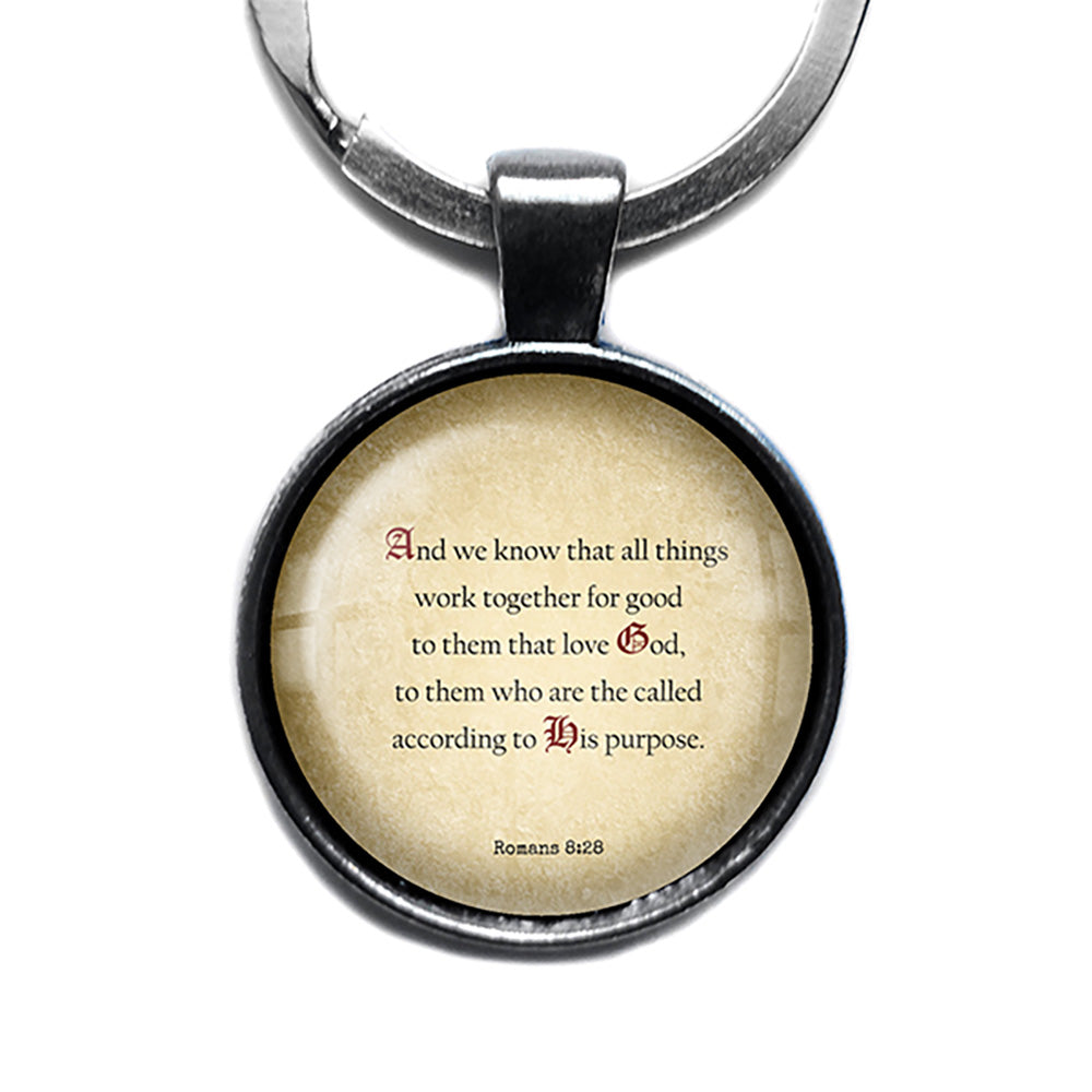 Romans 8:28 Love God According to his Purpose King James Version KJV Bible Antique Silver Keychain