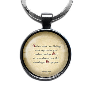 Romans 8:28 Love God According to his Purpose King James Version KJV Bible Antique Silver Keychain