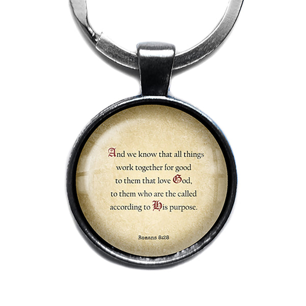 Romans 8:28 Love God According to his Purpose King James Version KJV Bible Antique Silver Keychain