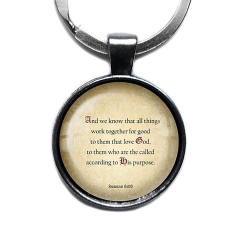 Romans 8:28 Love God According to his Purpose King James Version KJV Bible Antique Silver Keychain