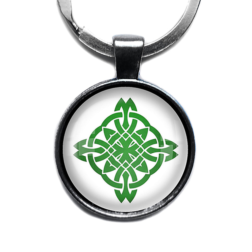 Celtic Knot Circle Green on White Antique Silver Keychain