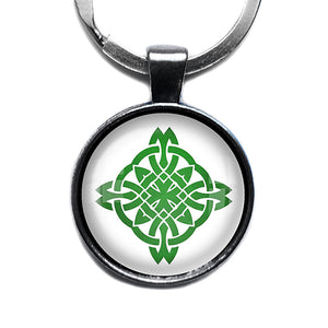 Celtic Knot Circle Green on White Antique Silver Keychain