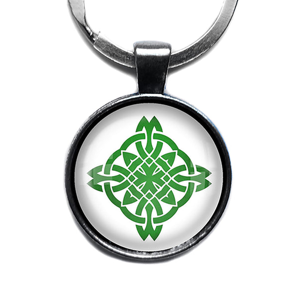 Celtic Knot Circle Green on White Antique Silver Keychain