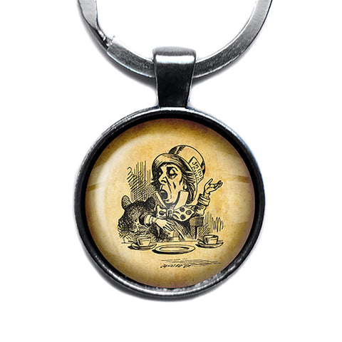 Alice in Wonderland Mad Hatter Tea Party Antique Silver Keychain