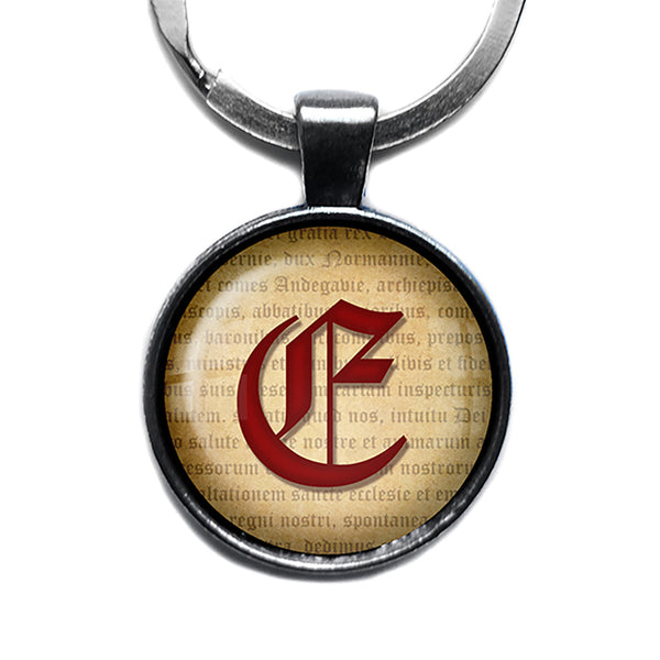 E Letter Old English Gothic Blackletter Magna Carta Antique Silver Keychain