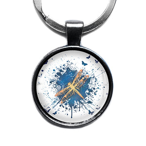 Blue Gold Grunge Dragonfly and Butterflies Antique Silver Keychain