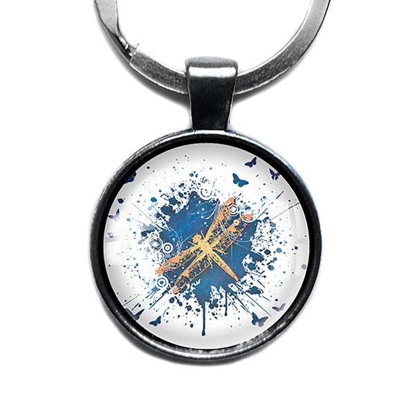 Blue Gold Grunge Dragonfly and Butterflies Antique Silver Keychain