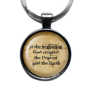 Genesis 1:1 God Created Heaven Earth King James Version KJV Bible Antique Silver Keychain