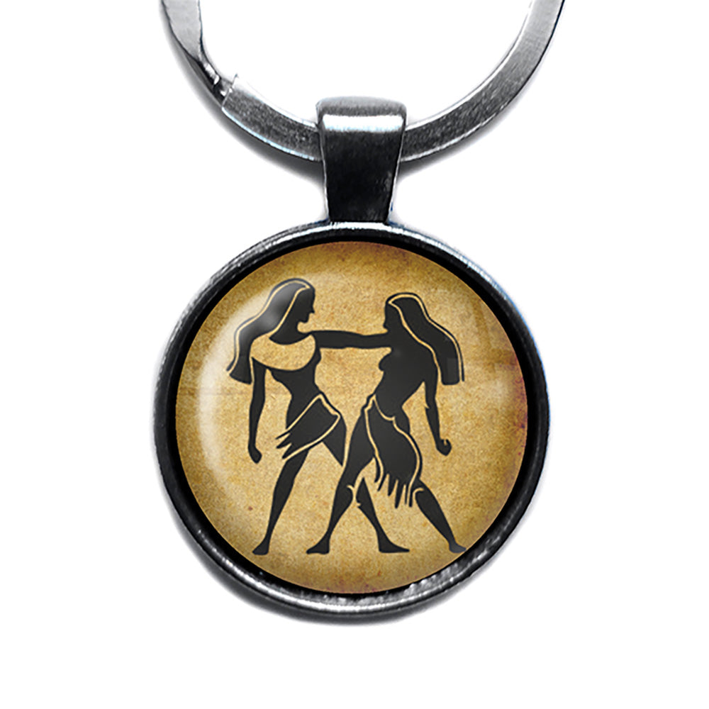Zodiac Symbol Astrology Gemini Antique Silver Keychain