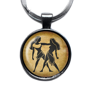 Zodiac Symbol Astrology Gemini Antique Silver Keychain
