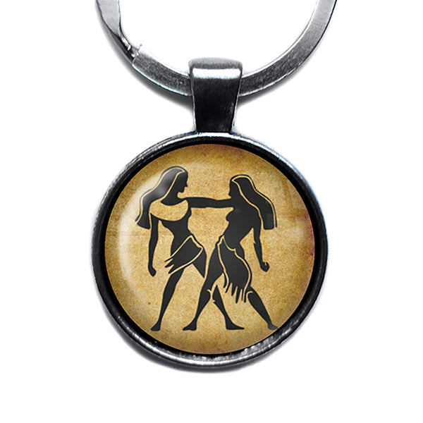Zodiac Symbol Astrology Gemini Antique Silver Keychain