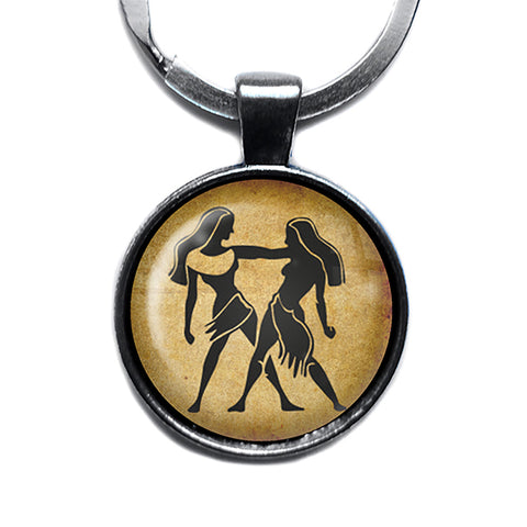 Zodiac Symbol Astrology Gemini Antique Silver Keychain