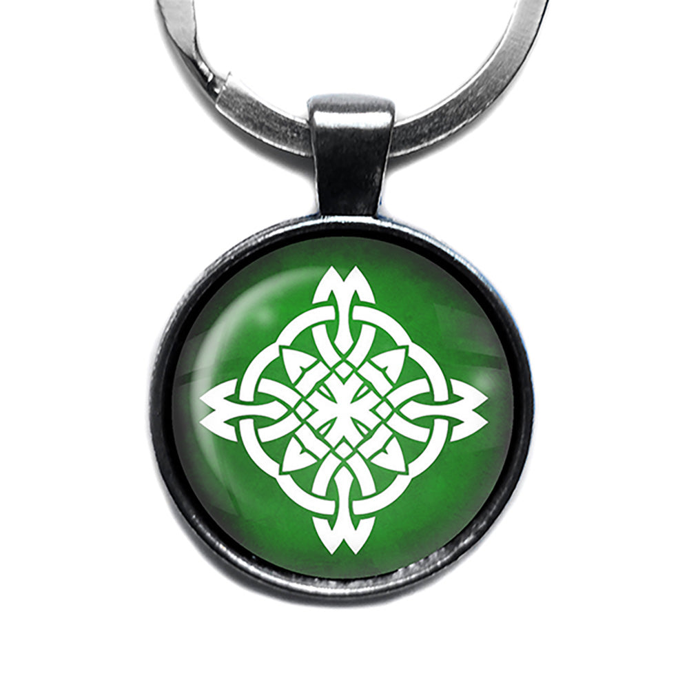 Celtic Knot Circle White on Green Antique Silver Keychain