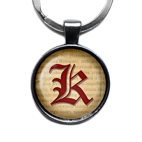 K Letter Old English Gothic Blackletter Magna Carta Antique Silver Keychain