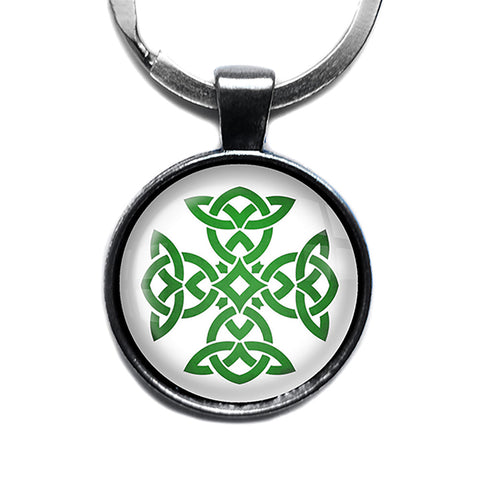 Celtic Knot Cross Green on White Antique Silver Keychain