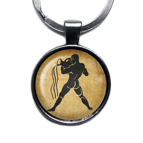 Zodiac Symbol Astrology Aquarius Antique Silver Keychain