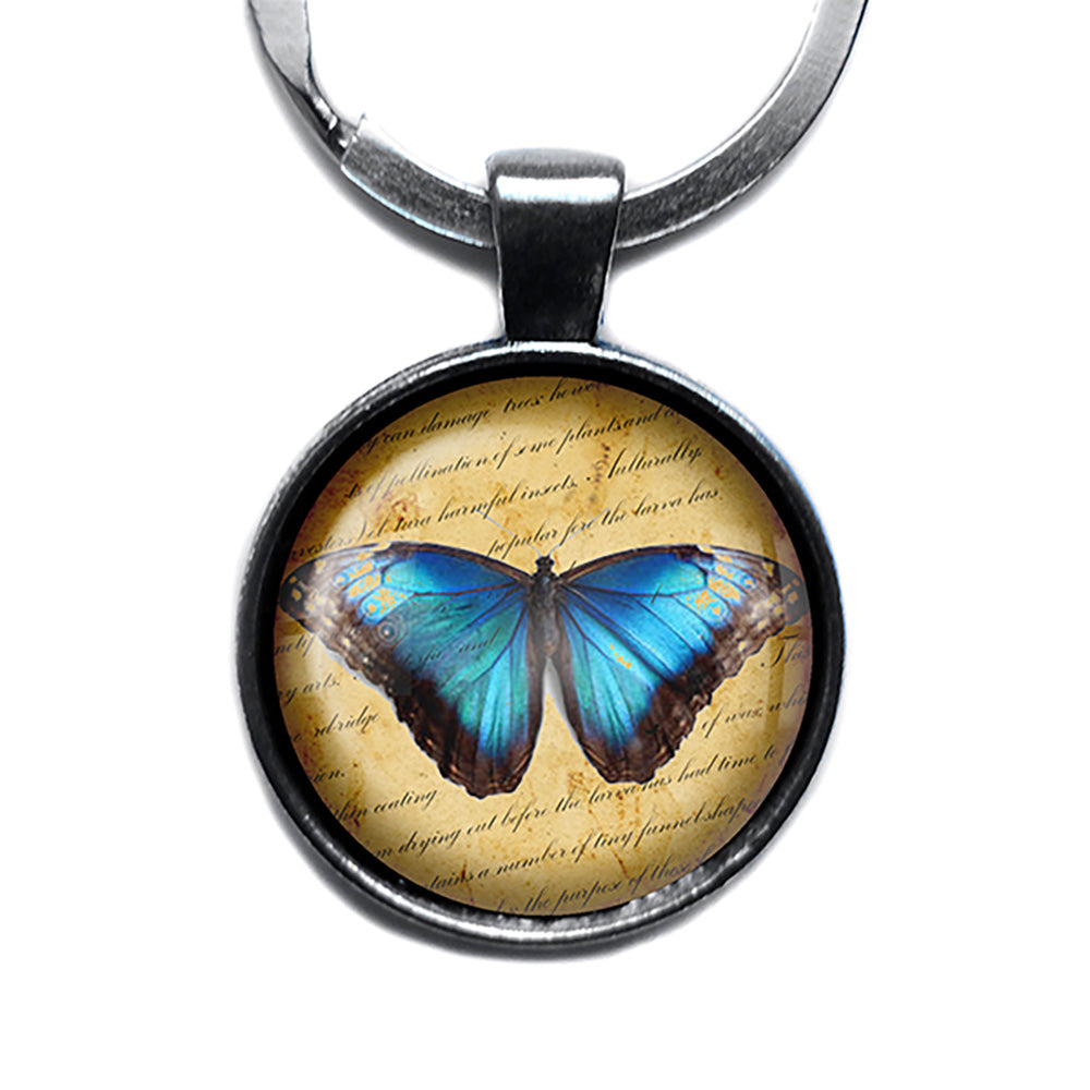 Blue Butterfly Antique Silver Keychain