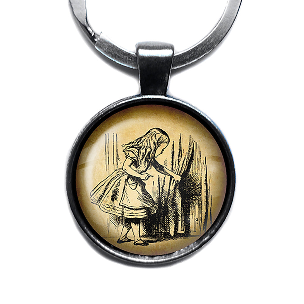 Alice in Wonderland Behind the Curtain Antique Silver Keychain