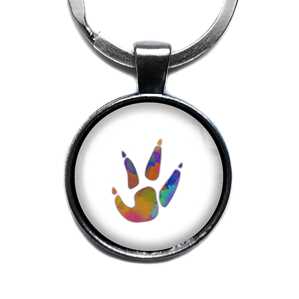 Chicken Paw Print Rainbow Watercolor Antique Silver Keychain