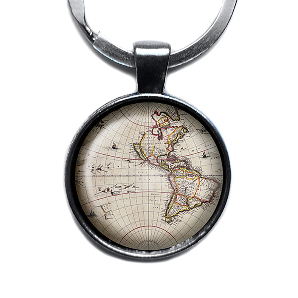Ancient Map North South America Canada Antique Silver Keychain