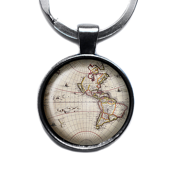 Ancient Map North South America Canada Antique Silver Keychain