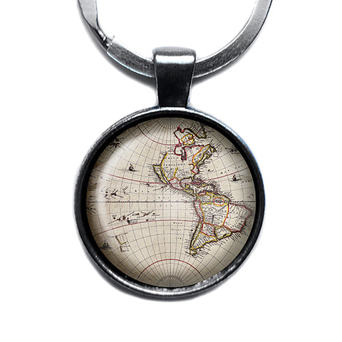 Ancient Map North South America Canada Antique Silver Keychain